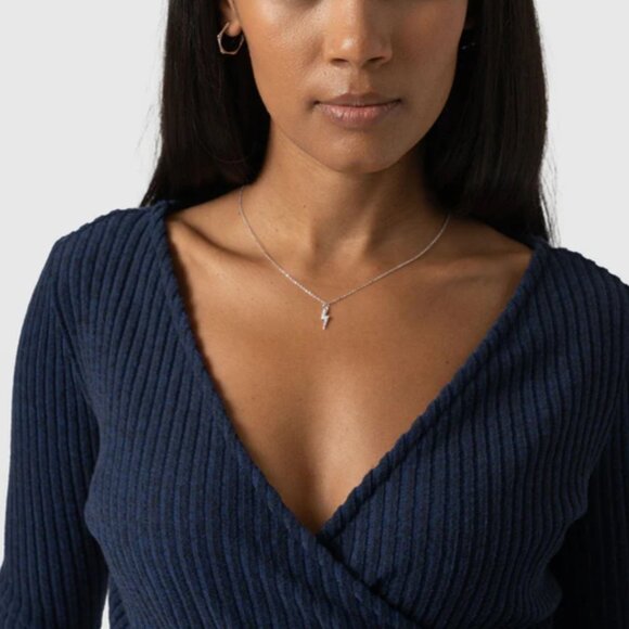 Saint and Sofia Victory Rib Top navy blue faux wrap belted ribbed sweater - Picture 3 of 8